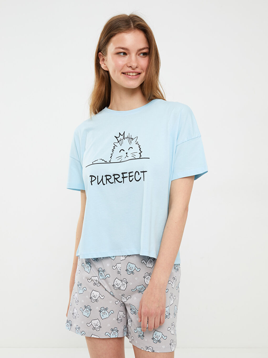 Gri Bisiklet Yaka Baskılı Kısa Kollu Pamuklu Kadın Pijama Takımı