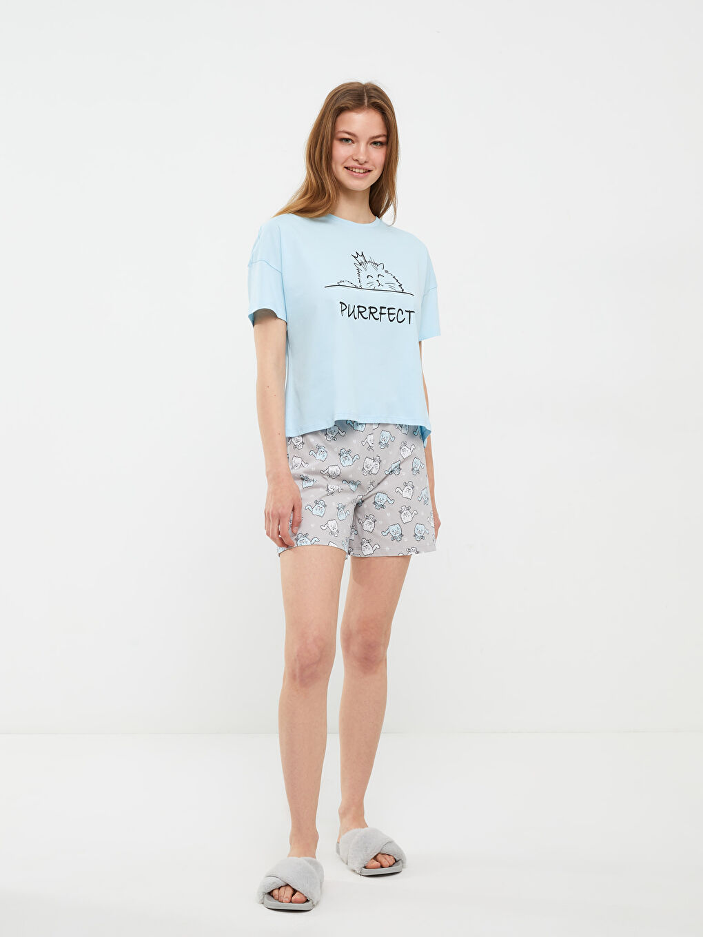 Gri Bisiklet Yaka Baskılı Kısa Kollu Pamuklu Kadın Pijama Takımı-2