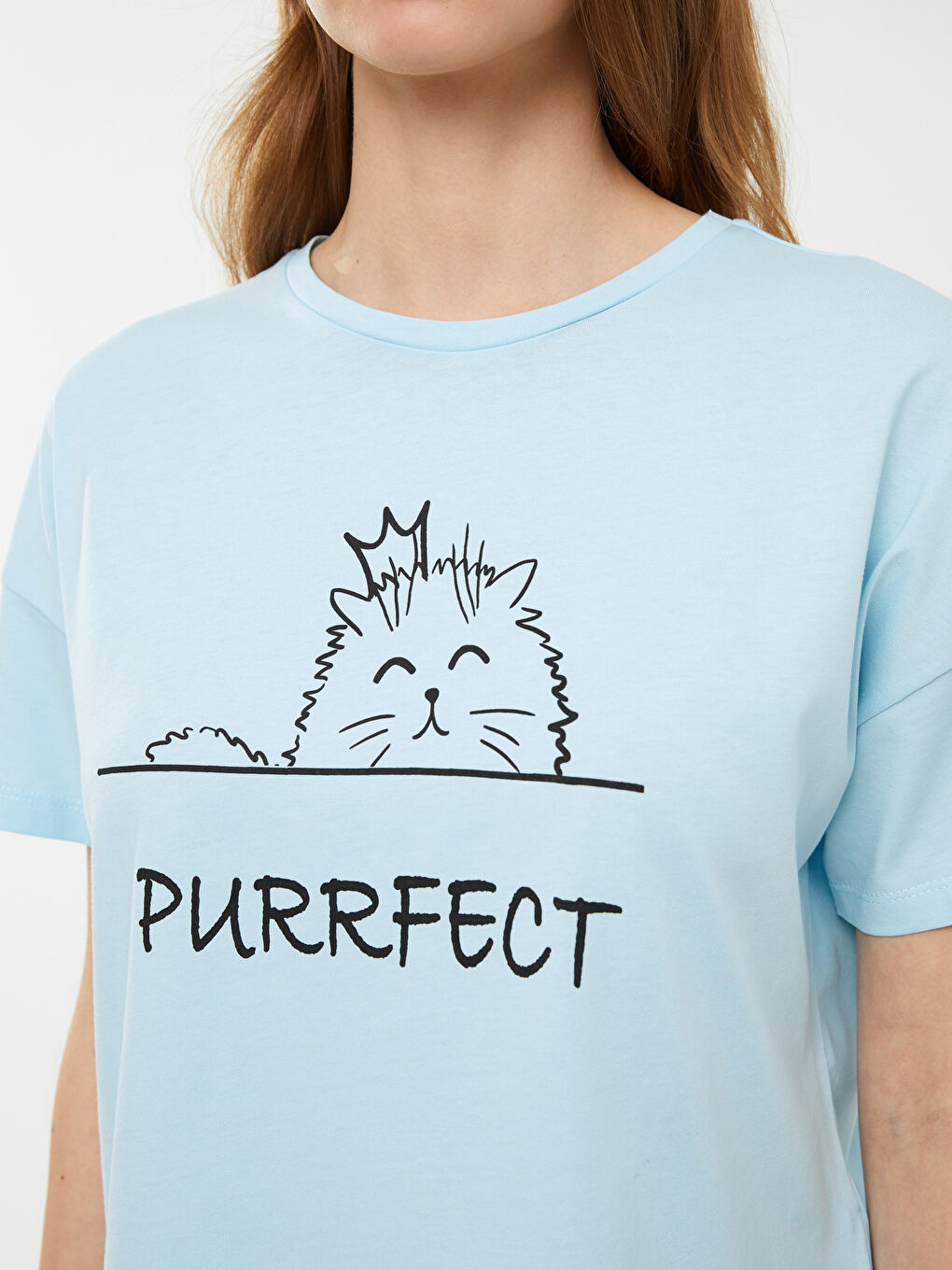 Gri Bisiklet Yaka Baskılı Kısa Kollu Pamuklu Kadın Pijama Takımı-3