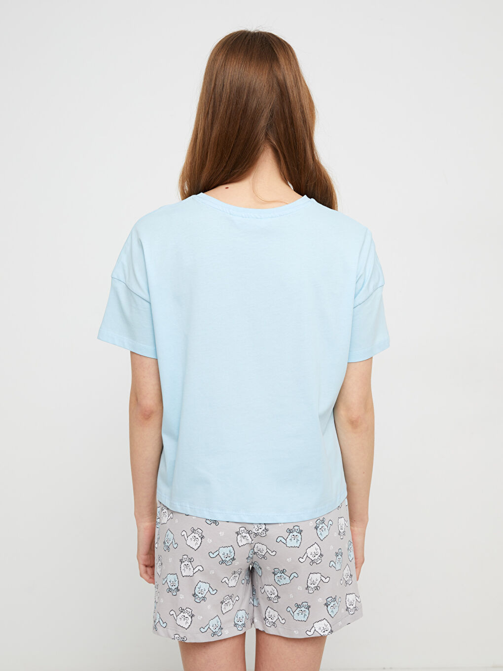 Gri Bisiklet Yaka Baskılı Kısa Kollu Pamuklu Kadın Pijama Takımı-4