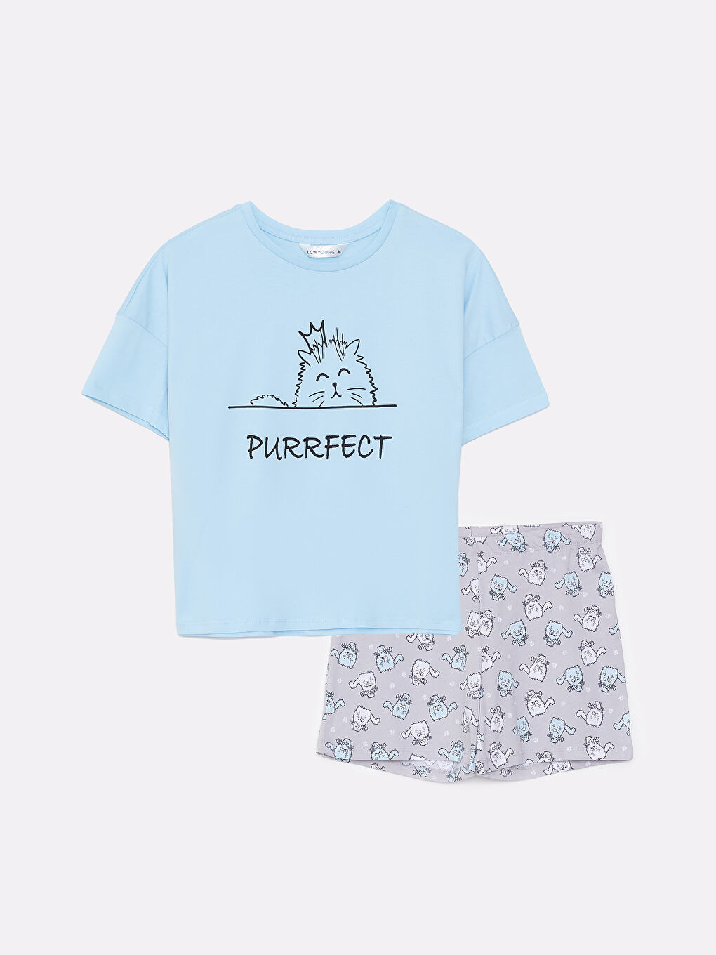 Gri Bisiklet Yaka Baskılı Kısa Kollu Pamuklu Kadın Pijama Takımı-5