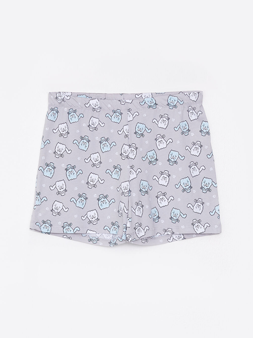 Gri Bisiklet Yaka Baskılı Kısa Kollu Pamuklu Kadın Pijama Takımı-8