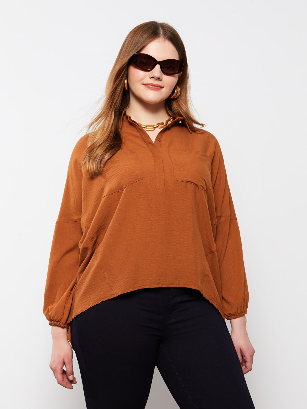 Plus Size Front Button Closure Straight Long Sleeve Women's Shirt
