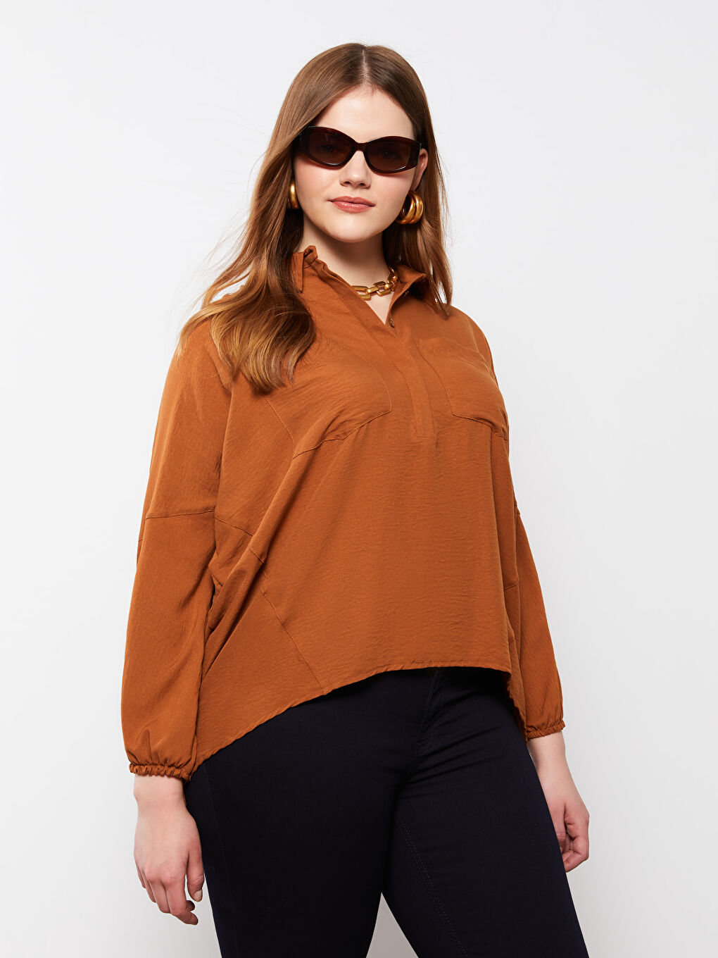 Plus Size Front Button Closure Straight Long Sleeve Women's Shirt-1