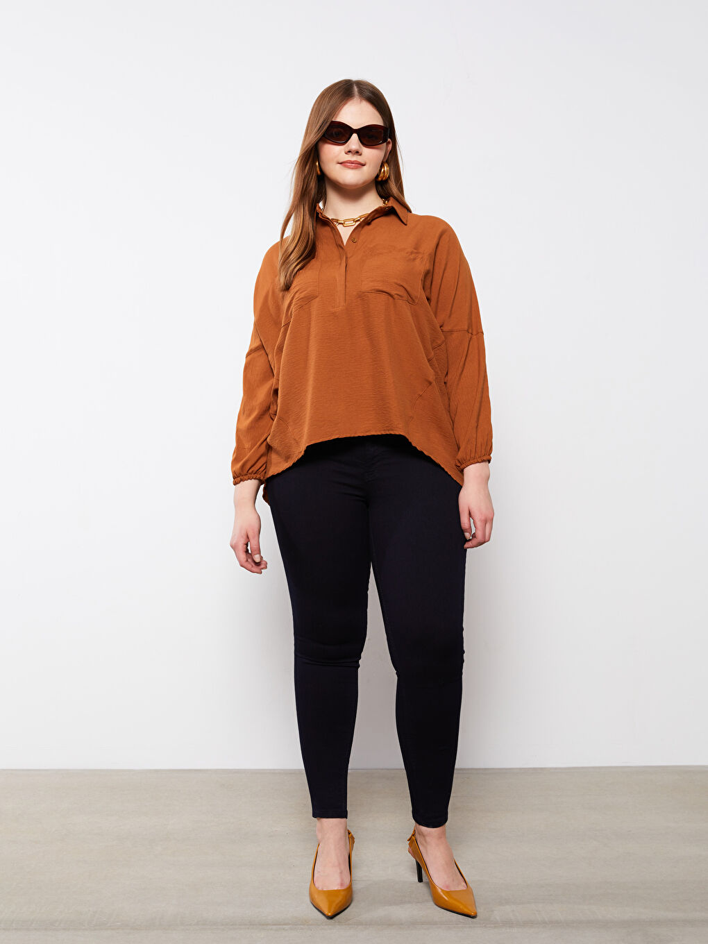 Plus Size Front Button Closure Straight Long Sleeve Women's Shirt-2