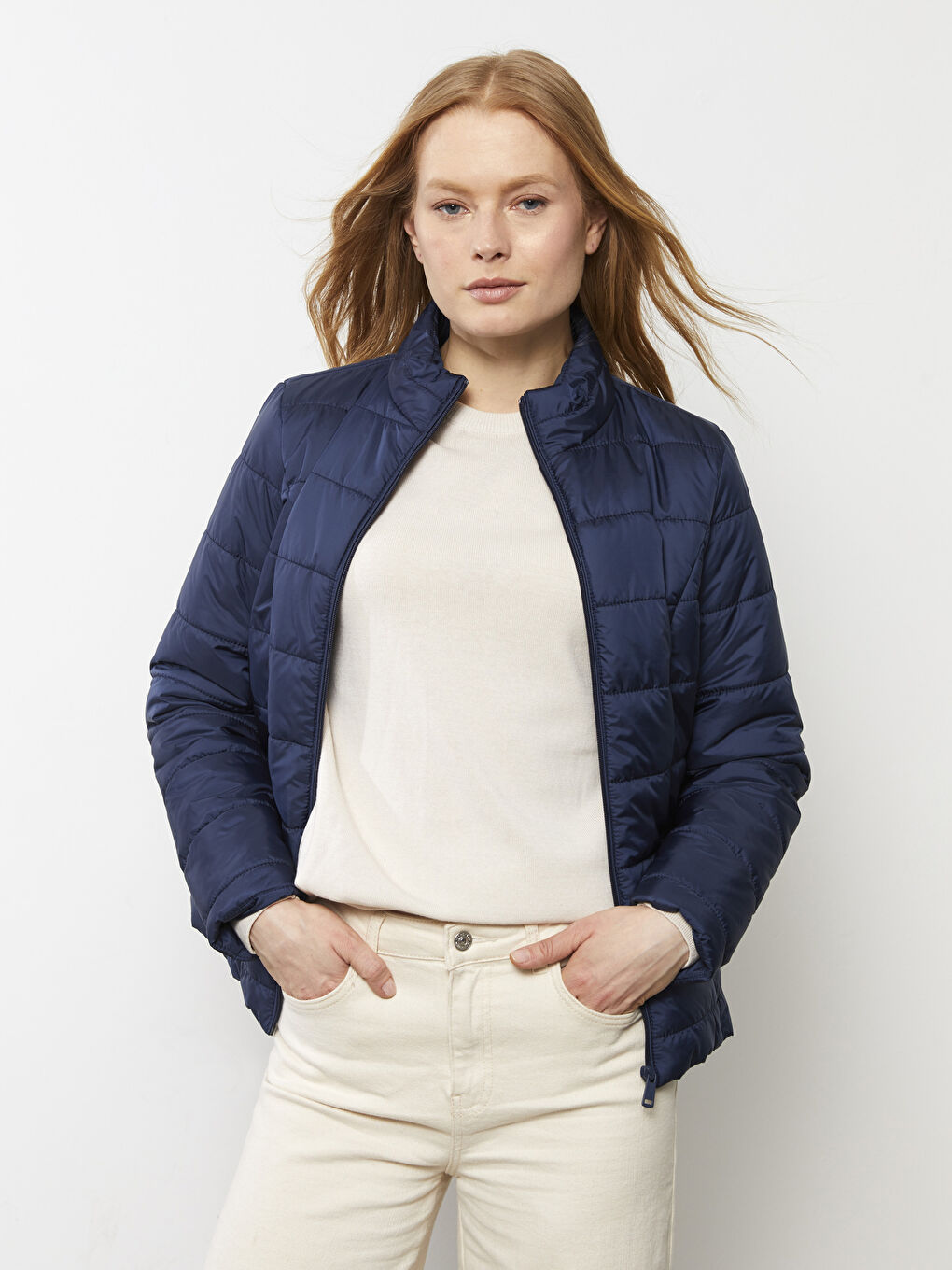 Lacivert Dik Yaka Düz Uzun Kollu Kadın Şişme Mont