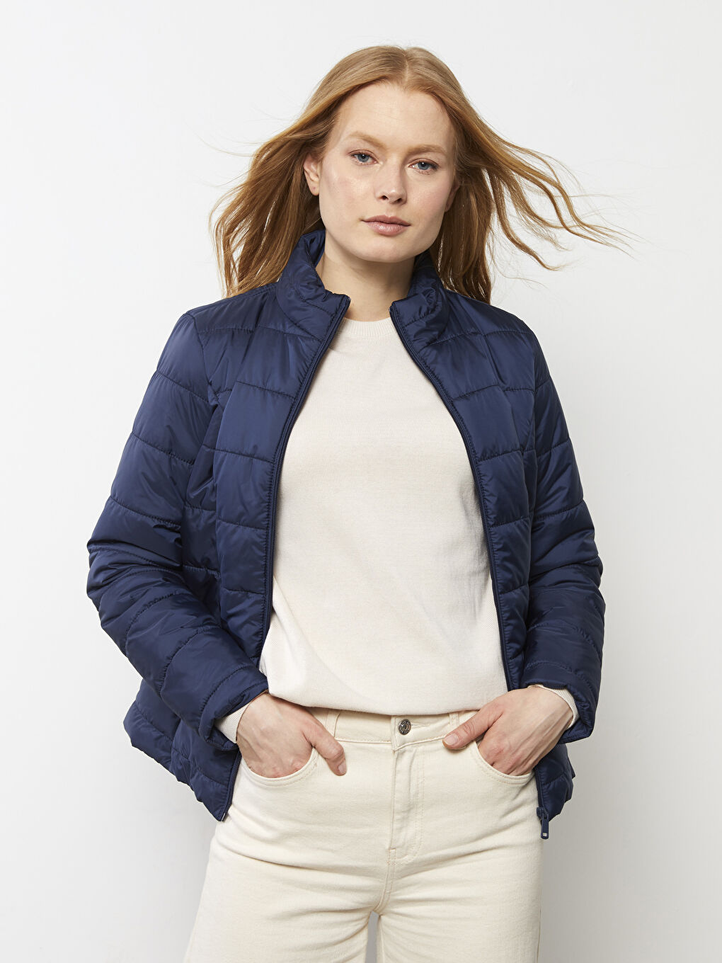 Lacivert Dik Yaka Düz Uzun Kollu Kadın Şişme Mont-1