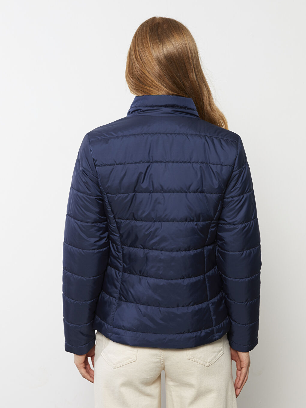 Lacivert Dik Yaka Düz Uzun Kollu Kadın Şişme Mont-5