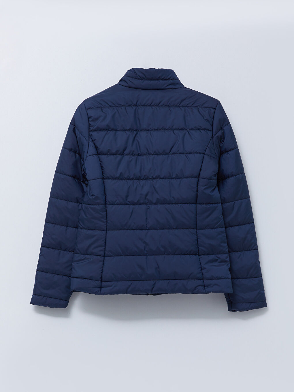 Lacivert Dik Yaka Düz Uzun Kollu Kadın Şişme Mont-7