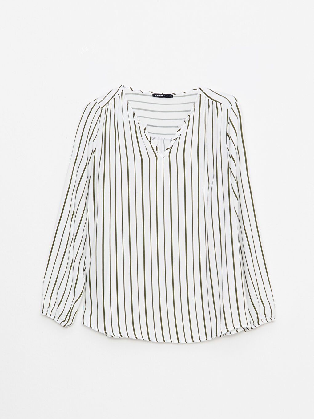 Haki Kaçık Yaka Çizgili Uzun Kollu Viskon Kadın Bluz-5