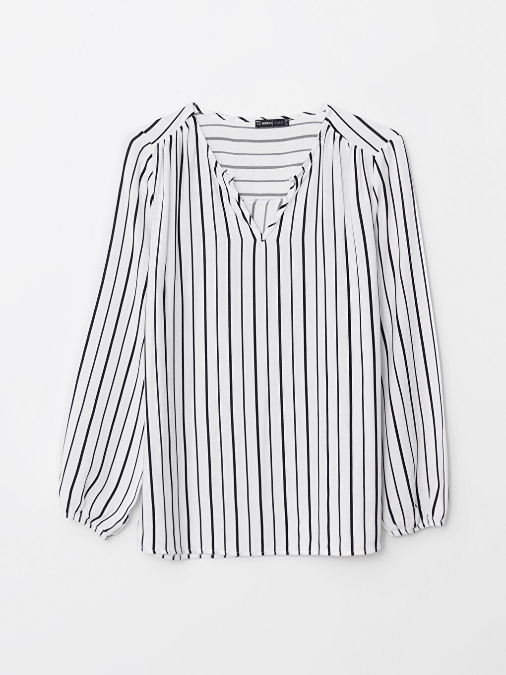 بلوزة نسائية بياقة عالية مُخَطَّطة بأكمام طويلة من الفسكوز-5