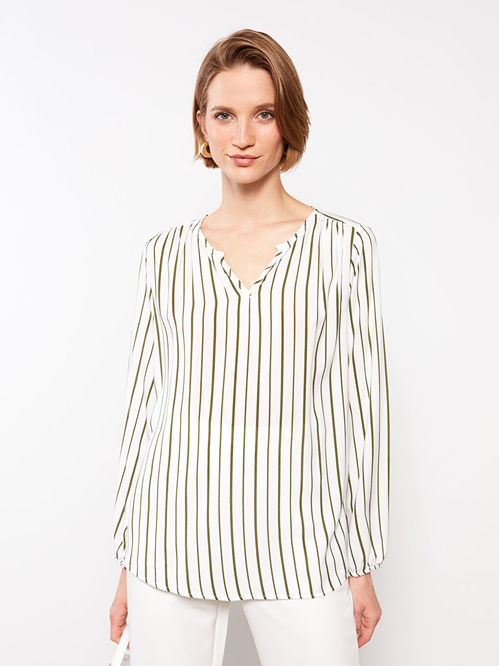 Haki Kaçık Yaka Çizgili Uzun Kollu Viskon Kadın Bluz