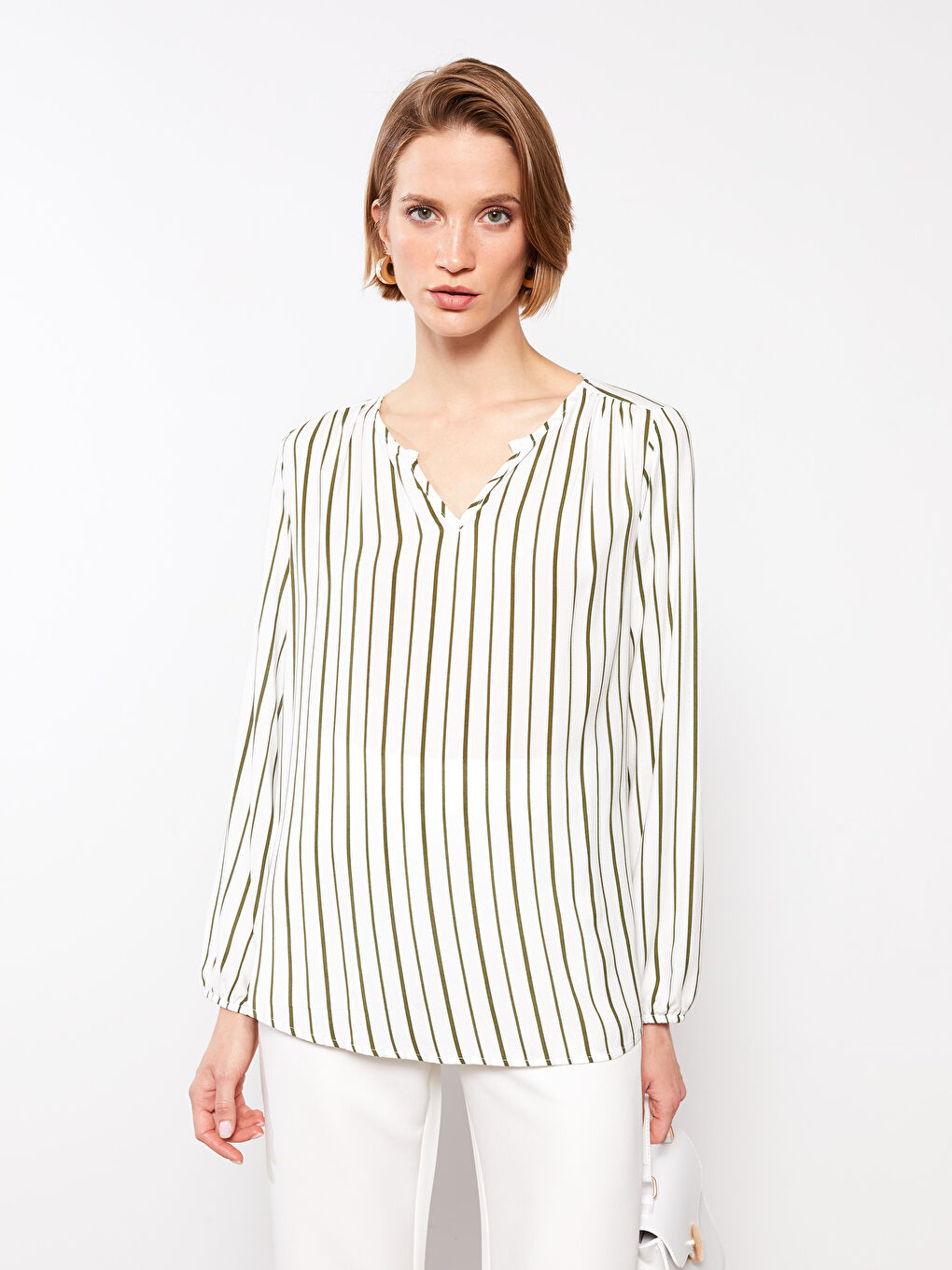 Haki Kaçık Yaka Çizgili Uzun Kollu Viskon Kadın Bluz-1