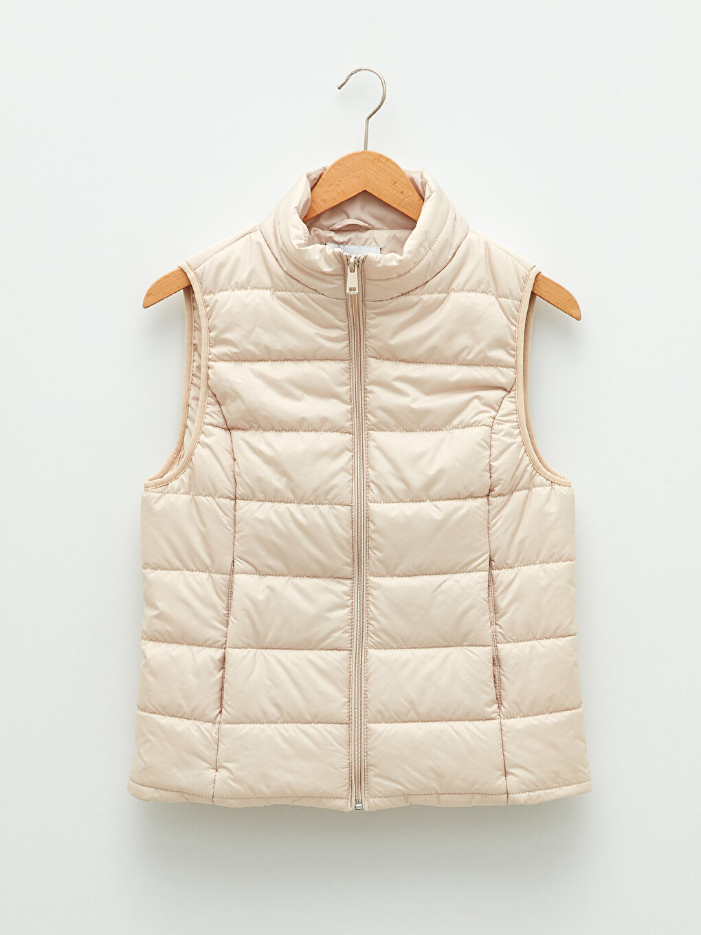 Bej Kadın Dik Yaka Düz Şişme Yelek-6