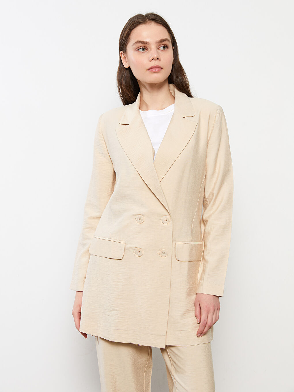 Front Button Closure Straight Long Sleeve Women's Jacket