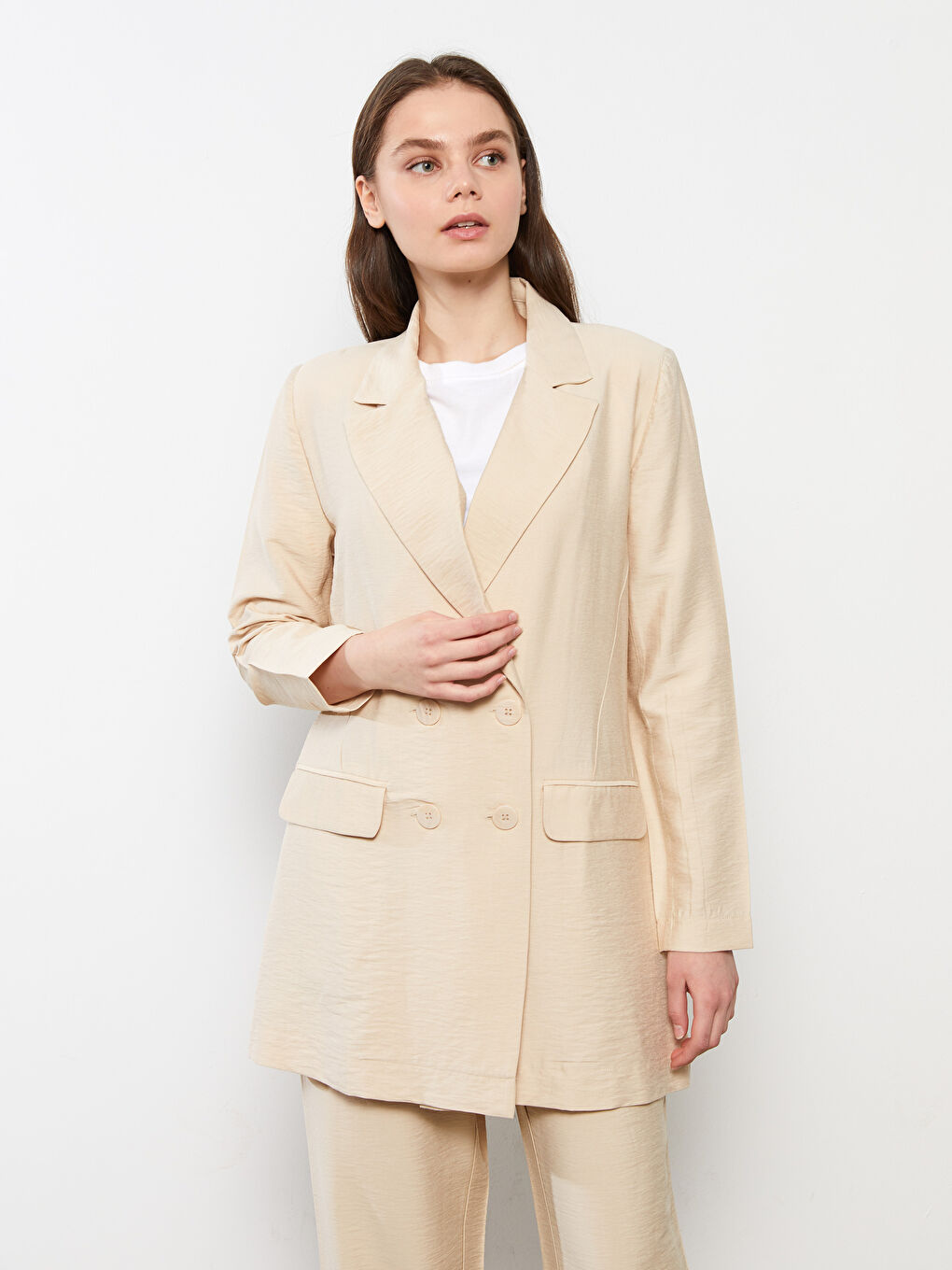 Front Button Closure Straight Long Sleeve Women's Jacket-1