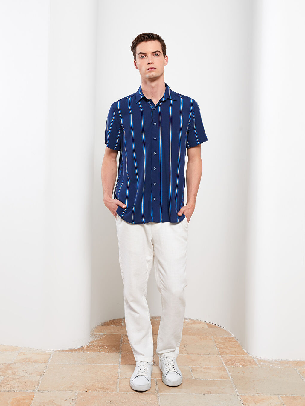 Standardni kroj Kratki rukav Prugasta Viskoza Muška Košulja-2