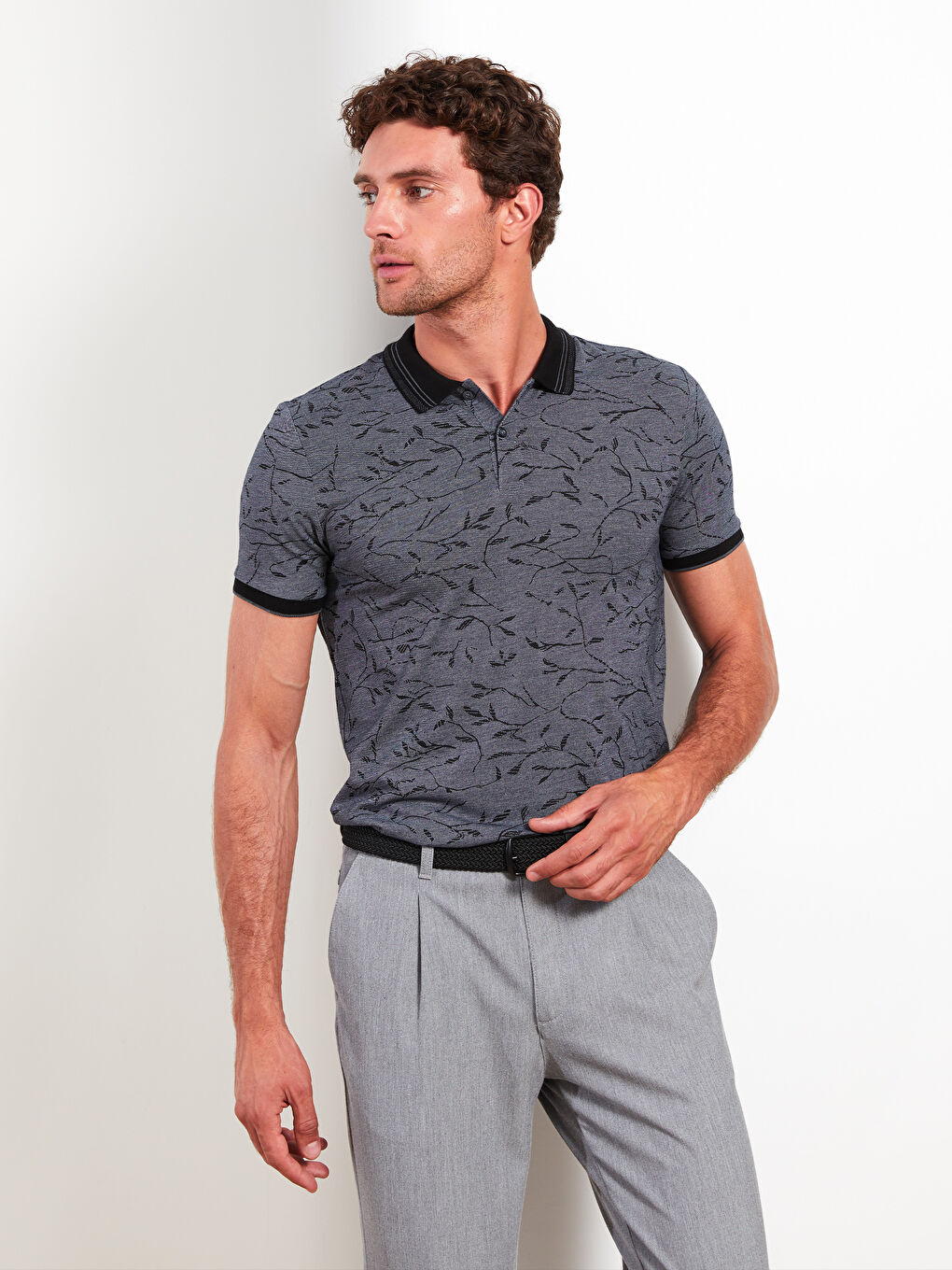 Antrasit Polo Yaka Kısa Kollu Desenli Pike Erkek Tişört-1