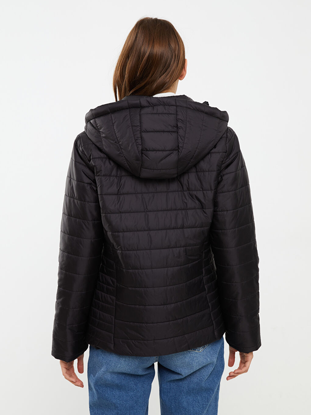 Siyah Kadın Kapüşonlu Düz Şişme Mont-6