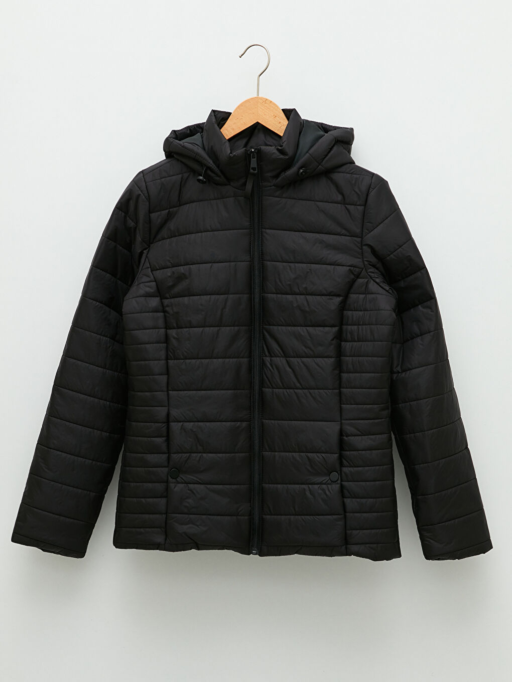 Siyah Kadın Kapüşonlu Düz Şişme Mont-7