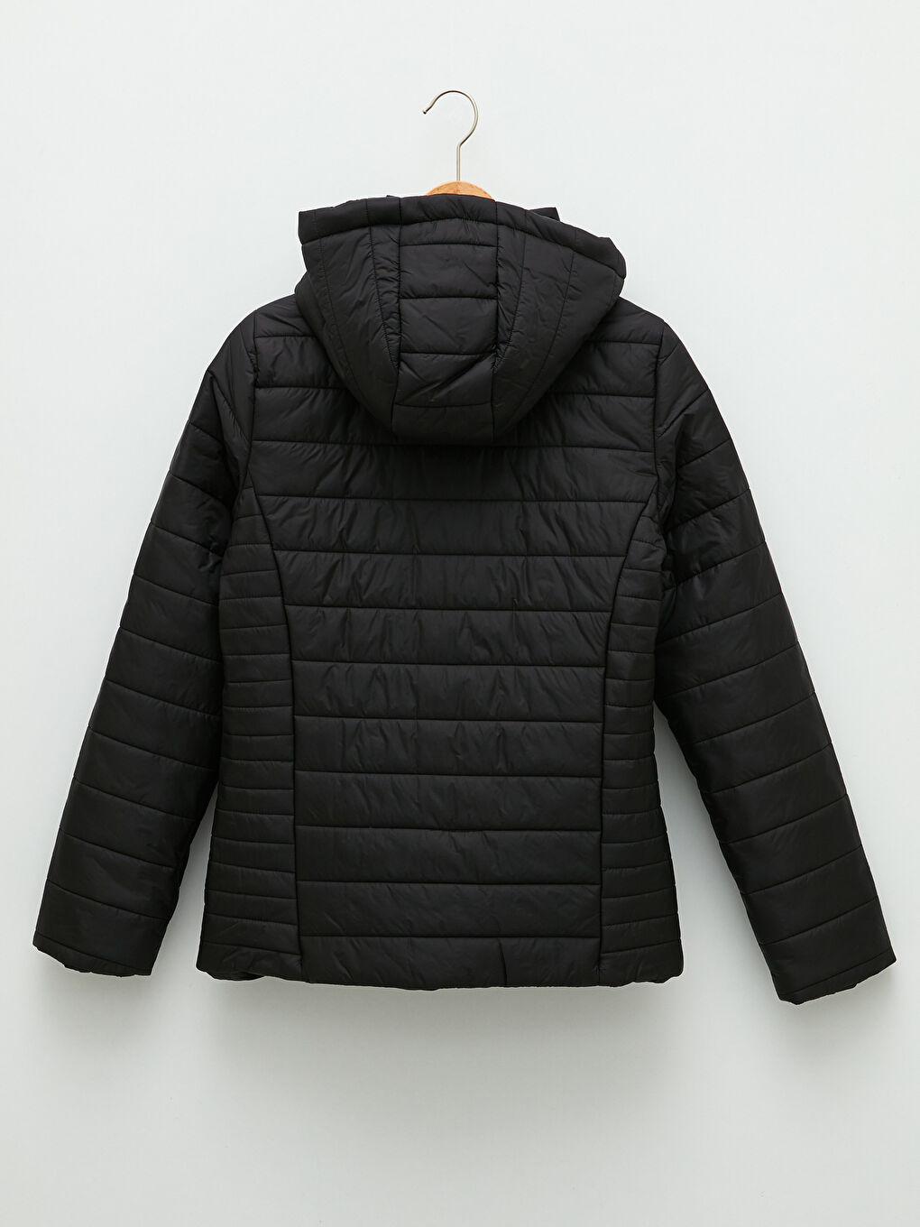 Siyah Kadın Kapüşonlu Düz Şişme Mont-8