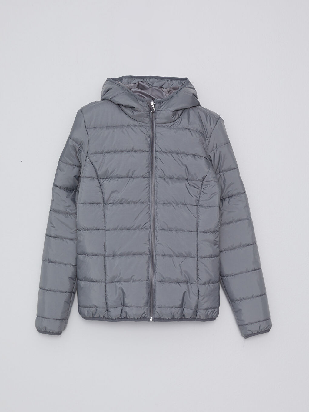 Gri Kadın Kapüşonlu Düz Şişme Mont-5