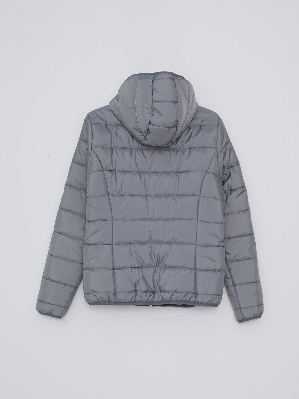 Gri Kadın Kapüşonlu Düz Şişme Mont-6