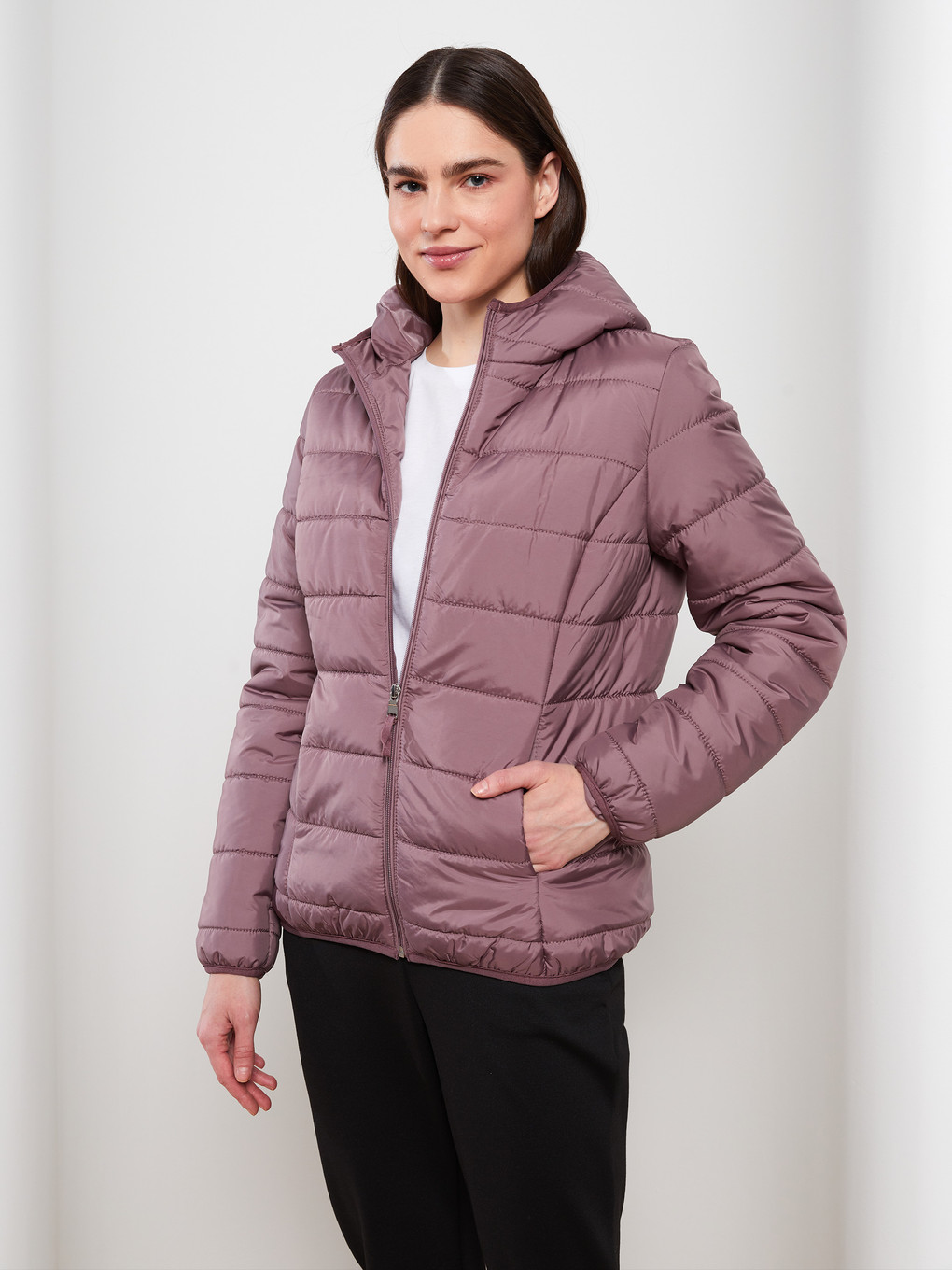 Pembe Kadın Kapüşonlu Düz Şişme Mont-2