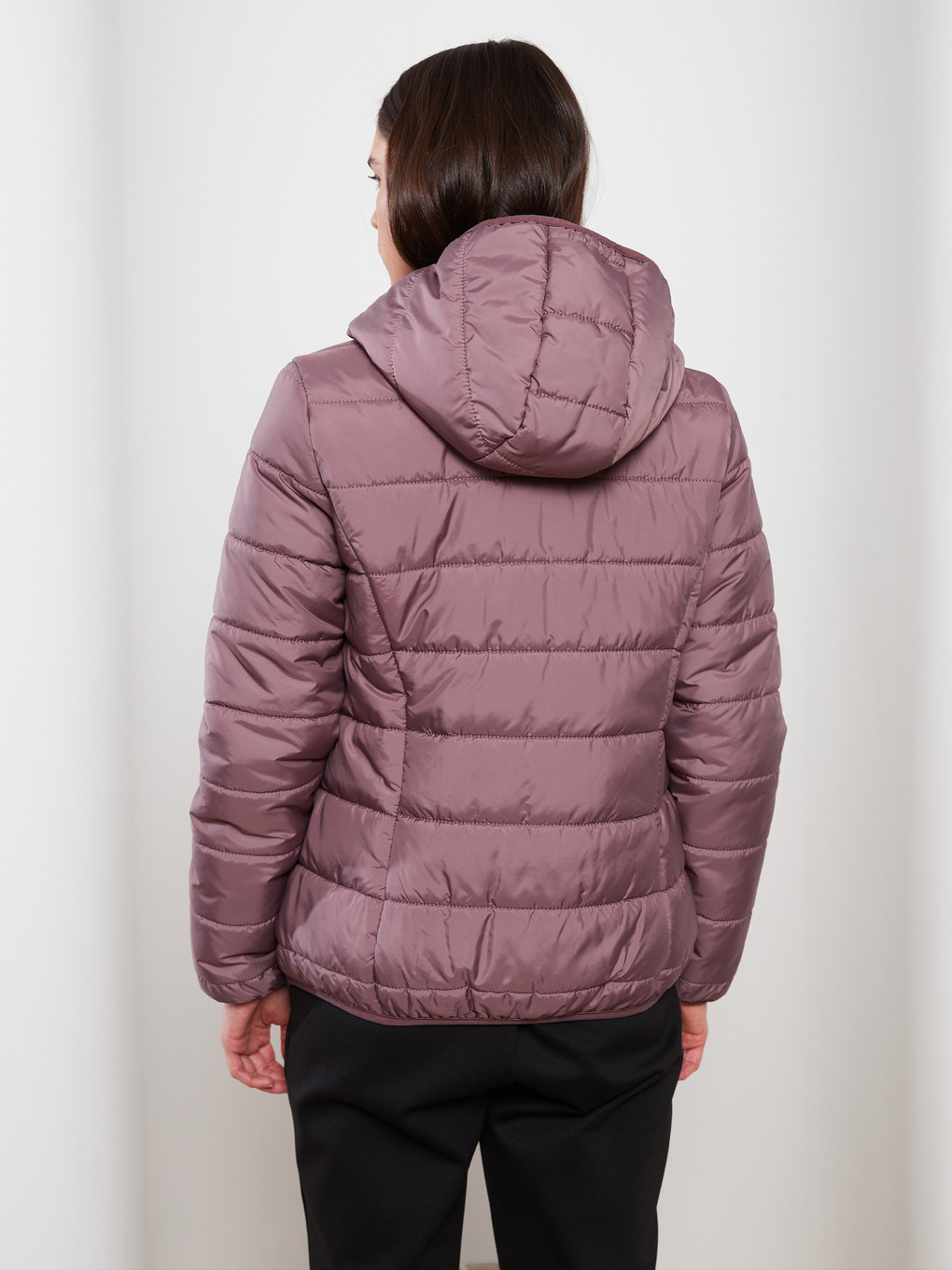 Pembe Kadın Kapüşonlu Düz Şişme Mont-5