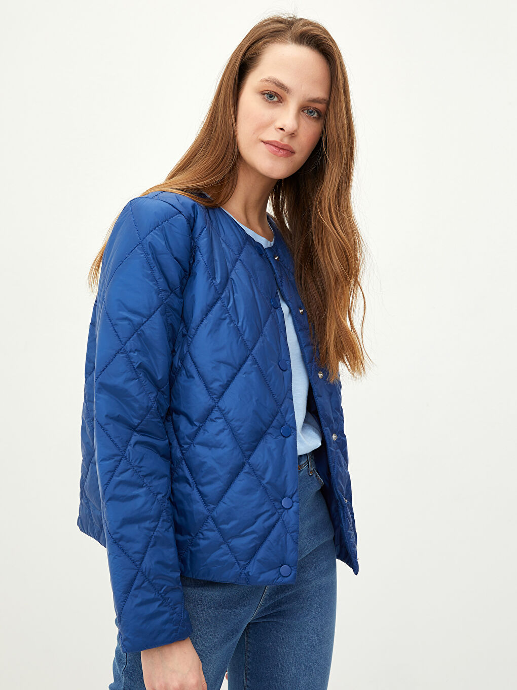 Mavi Bisiklet Yaka Kapitone Desenli Uzun Kollu Kadın Şişme Mont-1