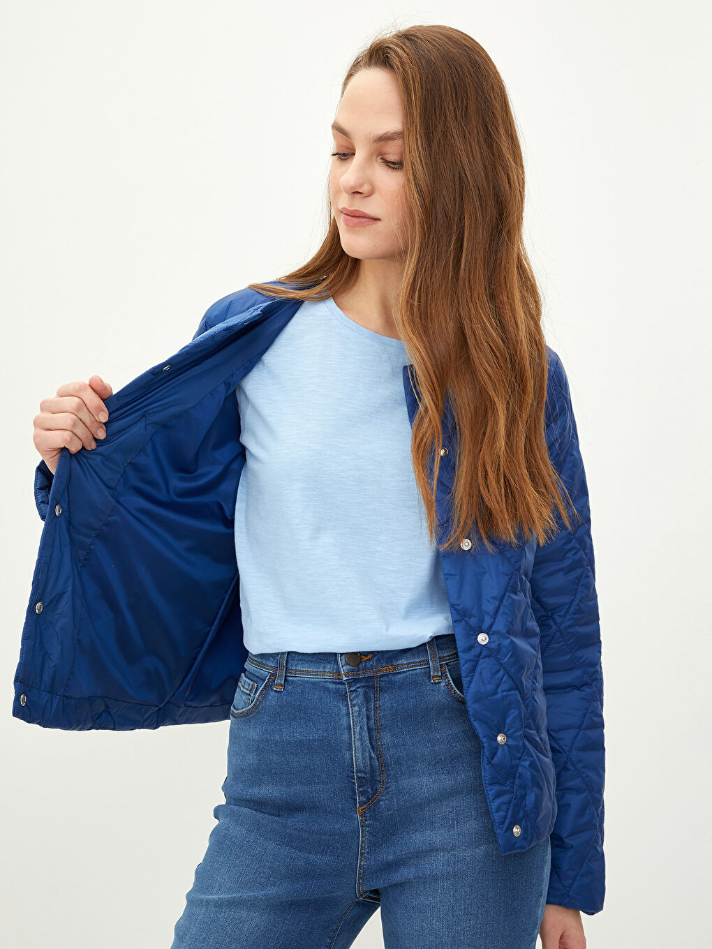 Mavi Bisiklet Yaka Kapitone Desenli Uzun Kollu Kadın Şişme Mont-2