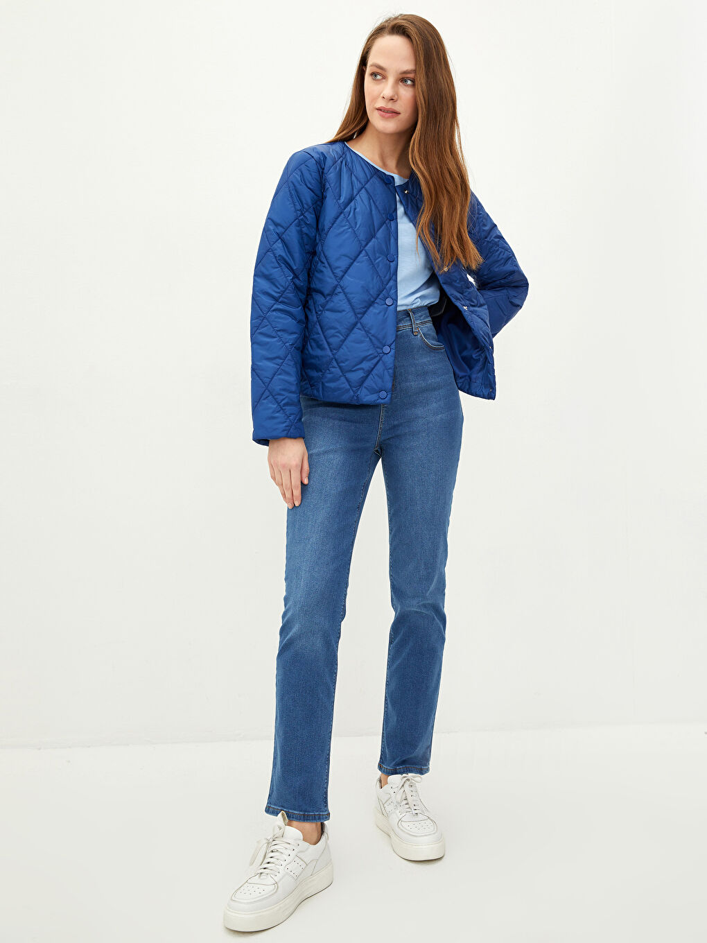 Mavi Bisiklet Yaka Kapitone Desenli Uzun Kollu Kadın Şişme Mont-3