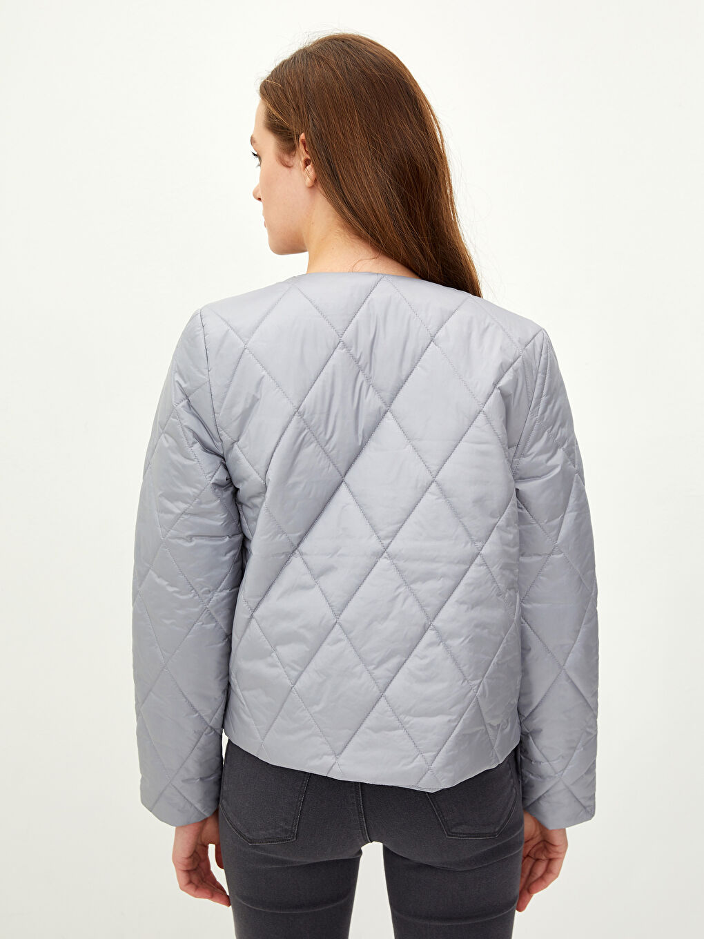 Gri Bisiklet Yaka Kapitone Desenli Uzun Kollu Kadın Şişme Mont-5