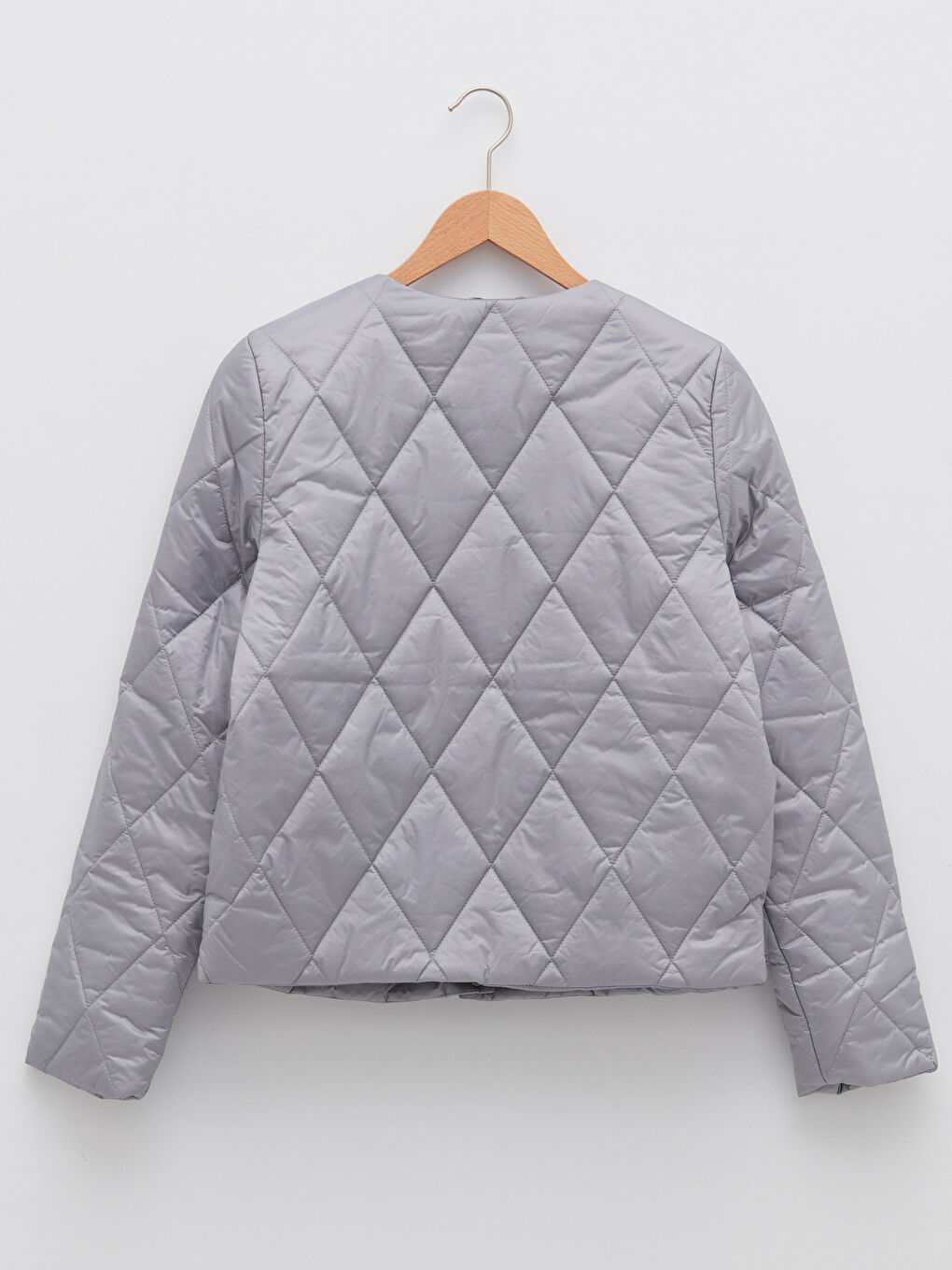 Gri Bisiklet Yaka Kapitone Desenli Uzun Kollu Kadın Şişme Mont-7