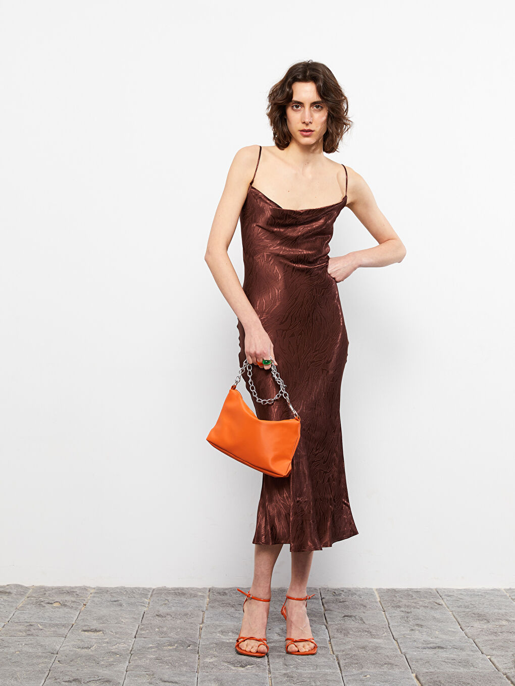 Flowy Collar Patterned A-Line Satin Women's Dress with Straps-1