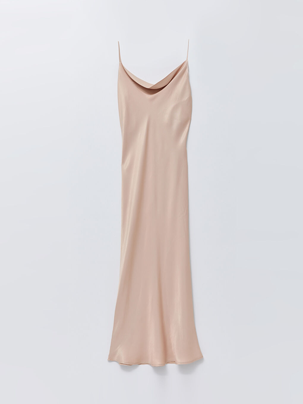 Bej Dökümlü Yaka Düz Askılı A Kesim Saten Kadın Elbise-6