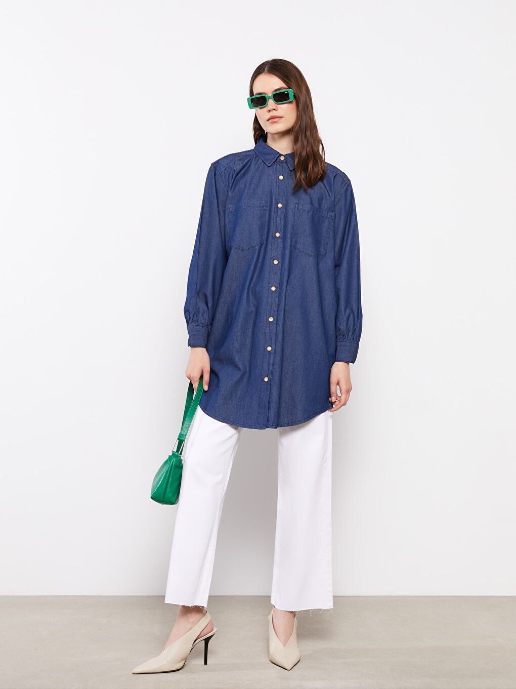 İndigo Gömlek Yaka Düz Uzun Kollu Kadın Rodeo Jean Tunik