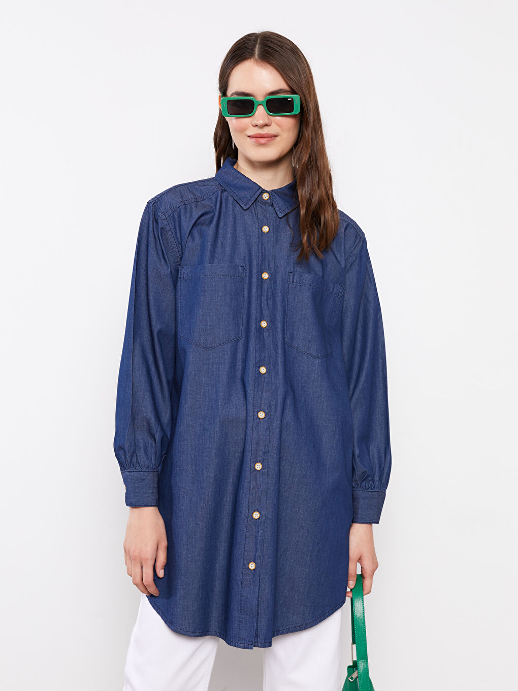 İndigo Gömlek Yaka Düz Uzun Kollu Kadın Rodeo Jean Tunik-1