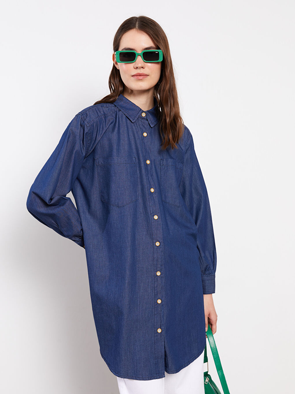 İndigo Gömlek Yaka Düz Uzun Kollu Kadın Rodeo Jean Tunik-2