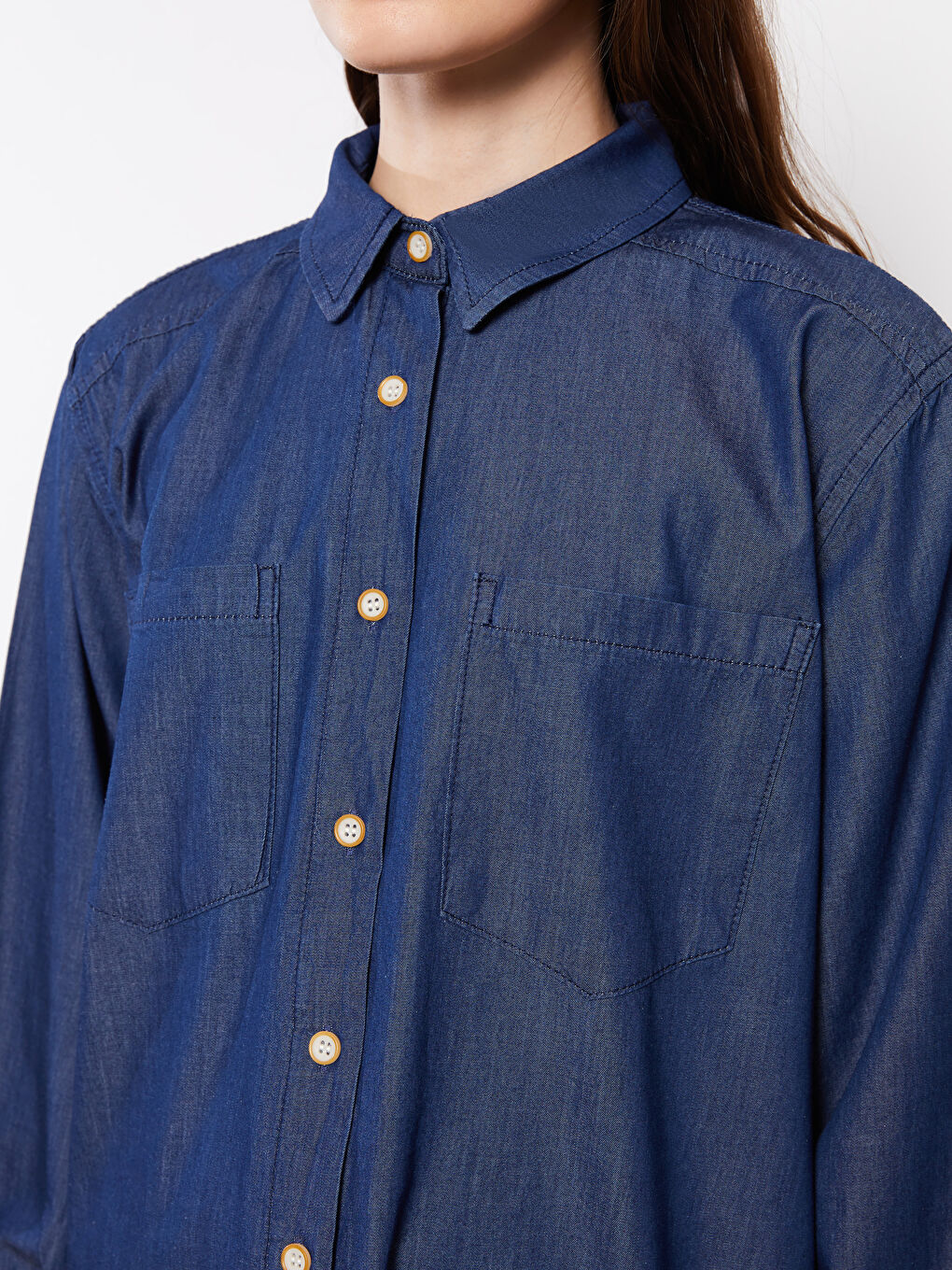 İndigo Gömlek Yaka Düz Uzun Kollu Kadın Rodeo Jean Tunik-3