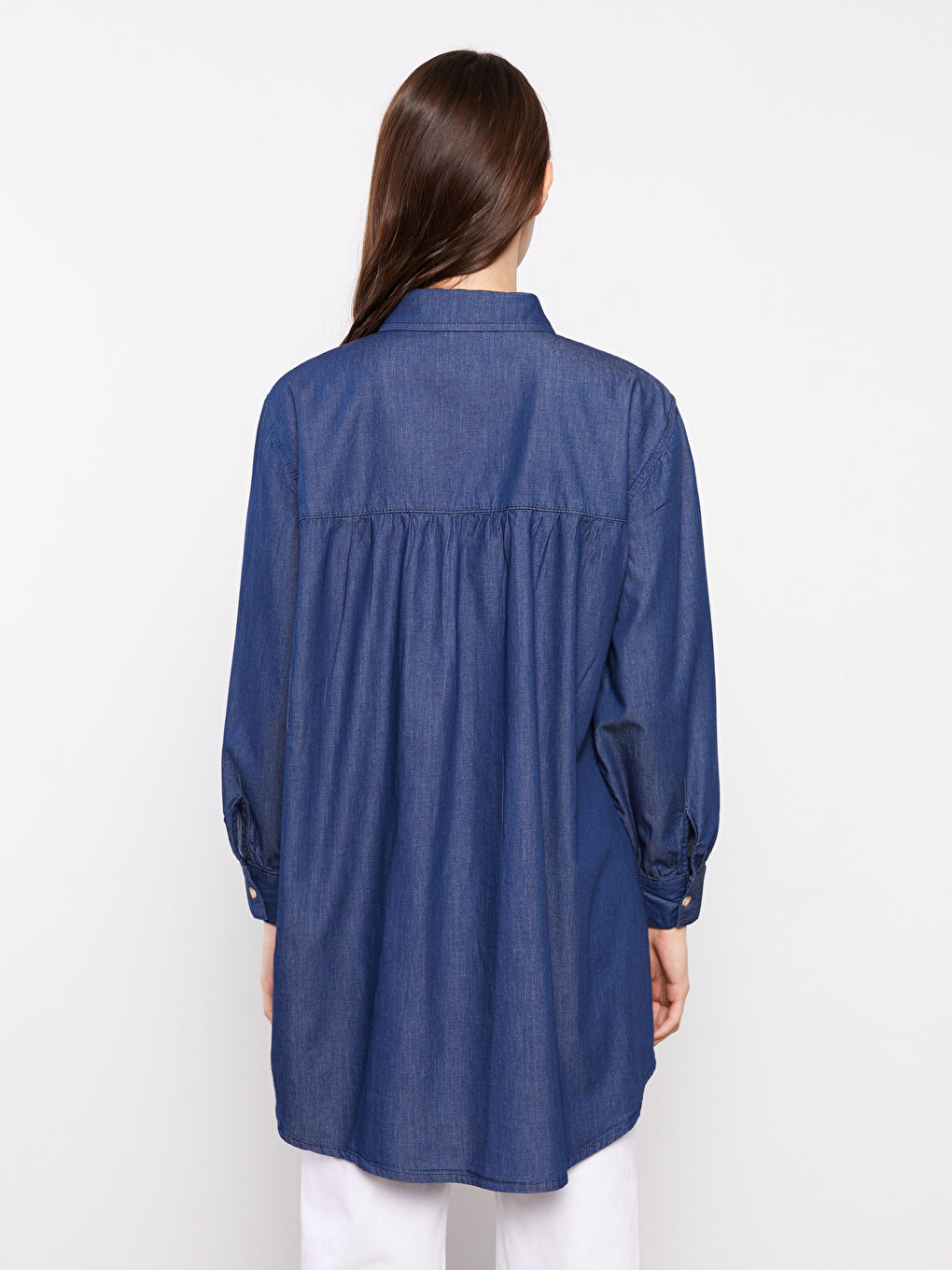 İndigo Gömlek Yaka Düz Uzun Kollu Kadın Rodeo Jean Tunik-4