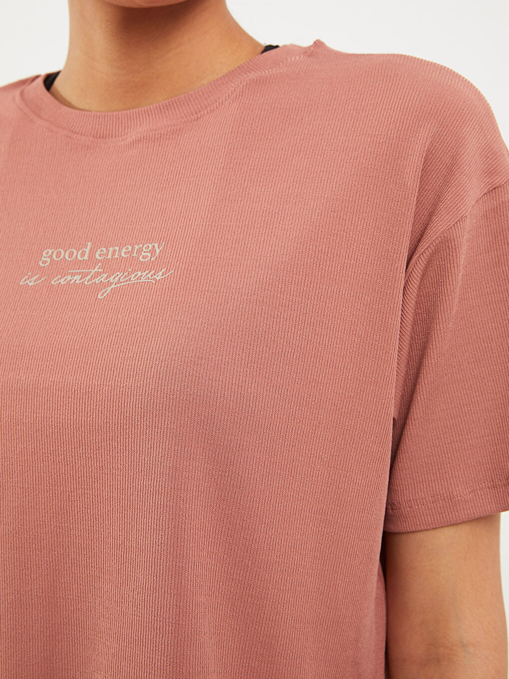 Pembe Bisiklet Yaka Baskılı Kısa Kollu Kadın Crop-3