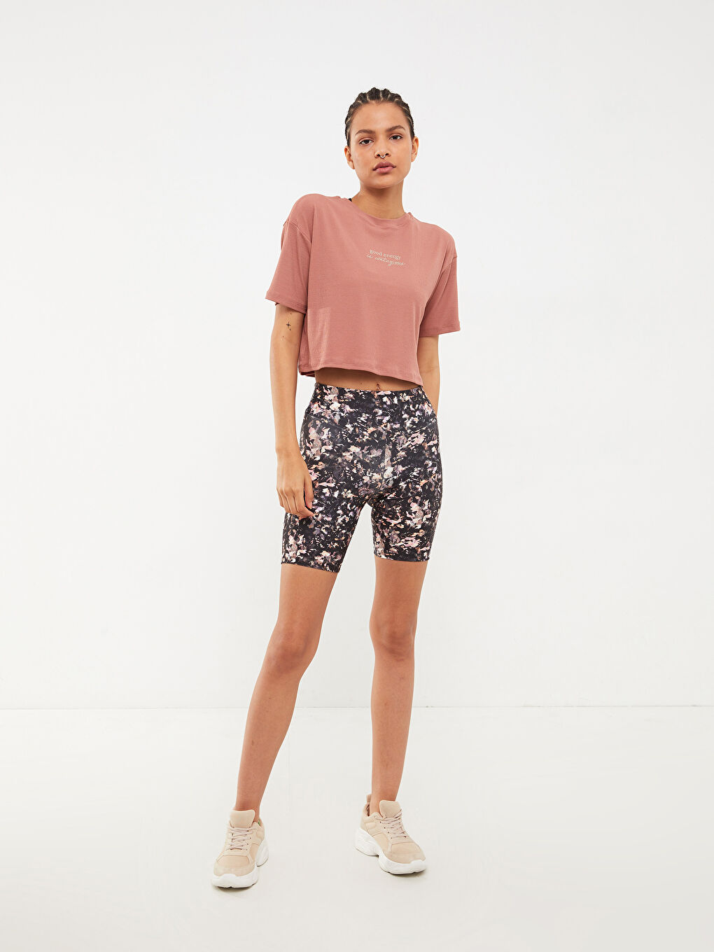 Pembe Bisiklet Yaka Baskılı Kısa Kollu Kadın Crop-4