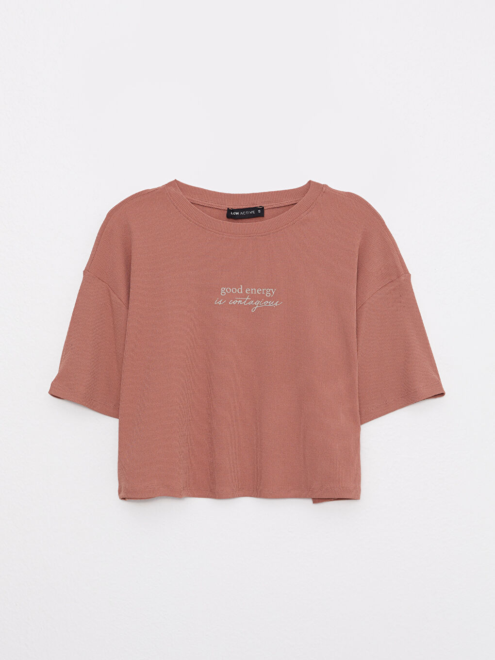 Pembe Bisiklet Yaka Baskılı Kısa Kollu Kadın Crop-5