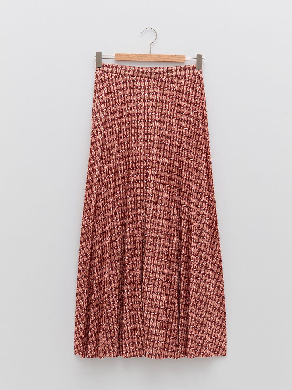 Kahverengi Beli Lastikli Desenli Krep Kadın Pileli Etek-7