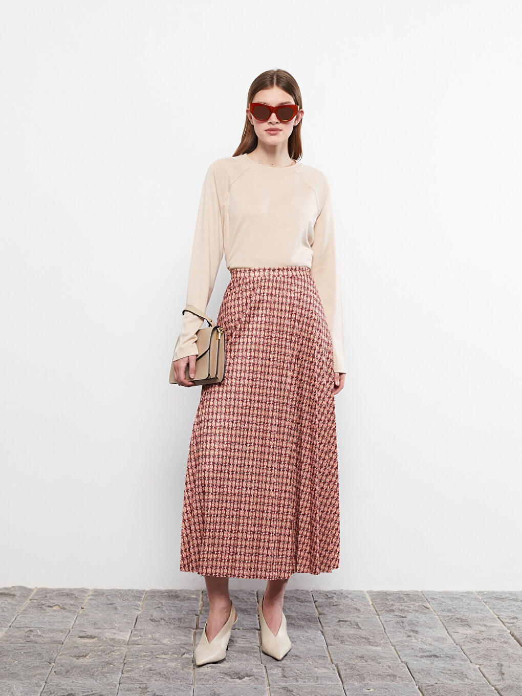 Kahverengi Beli Lastikli Desenli Krep Kadın Pileli Etek