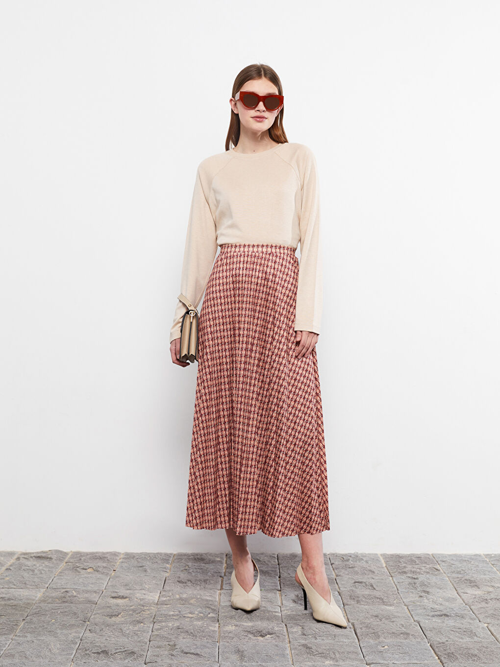 Kahverengi Beli Lastikli Desenli Krep Kadın Pileli Etek-1