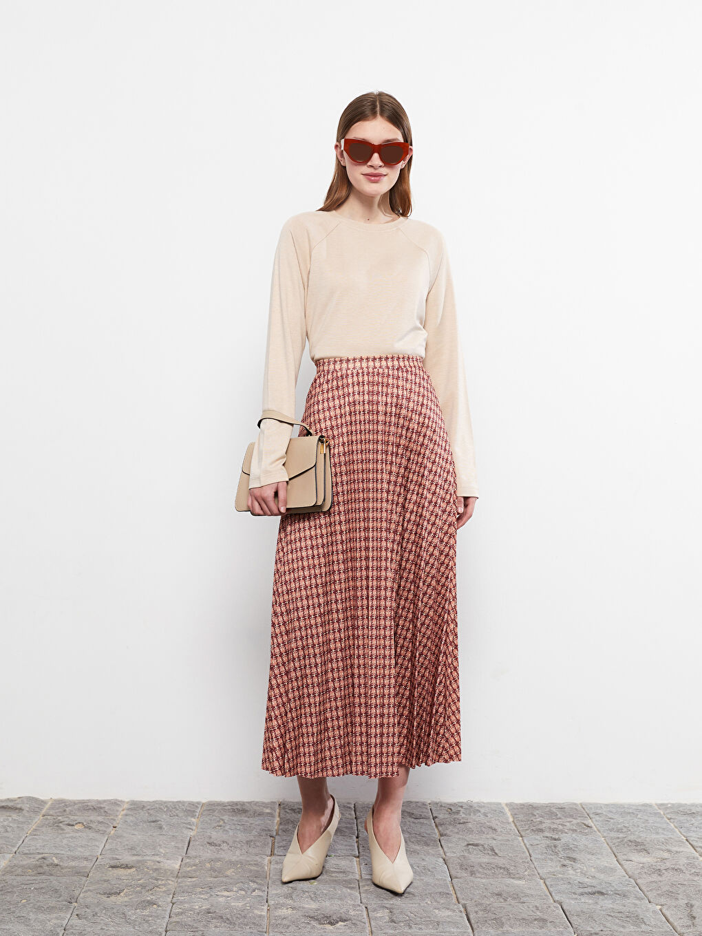 Kahverengi Beli Lastikli Desenli Krep Kadın Pileli Etek-2