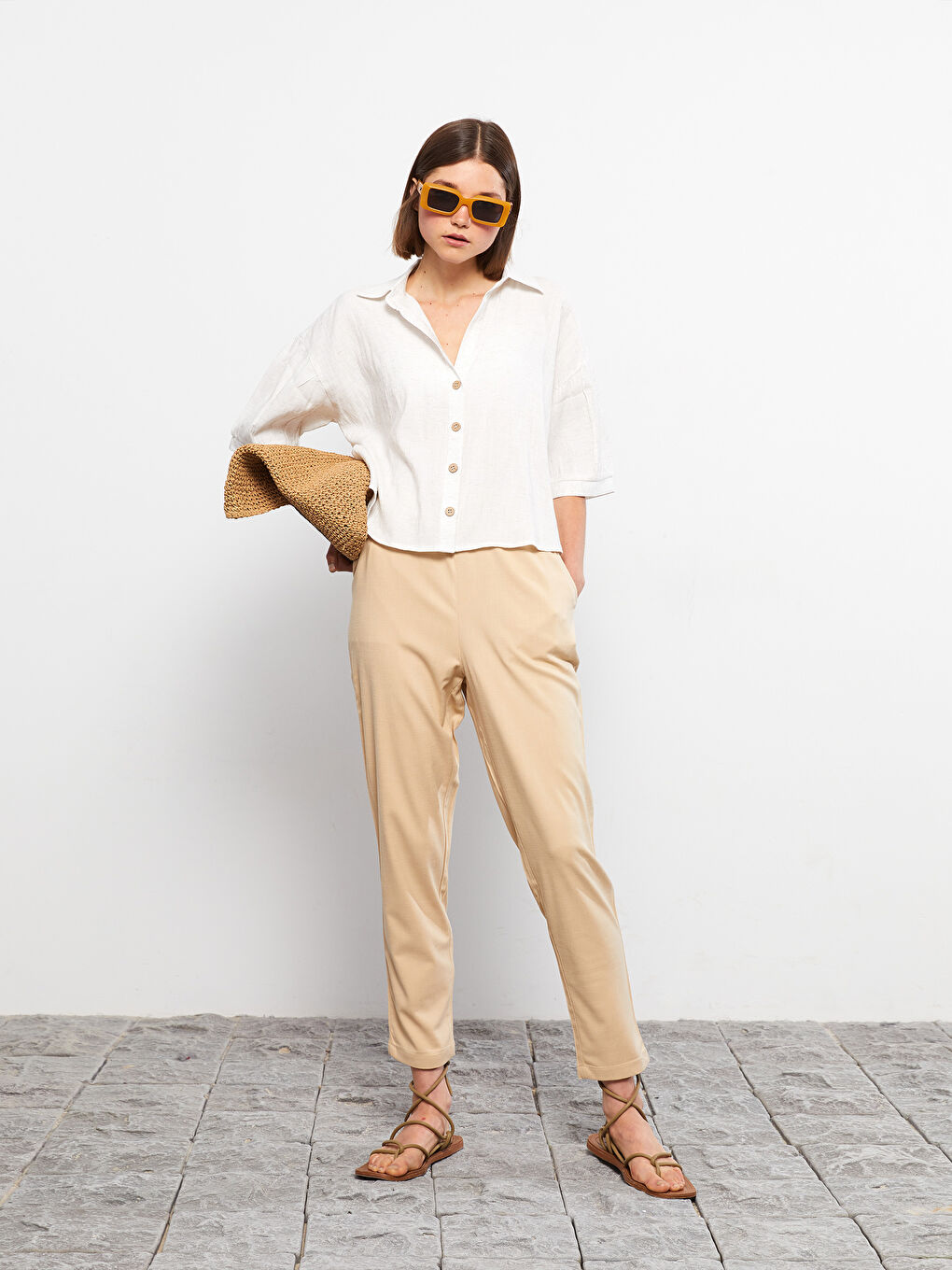 Women's Elastic Waist Relaxed Fit Regular Trousers -S2I550Z8-KNF
