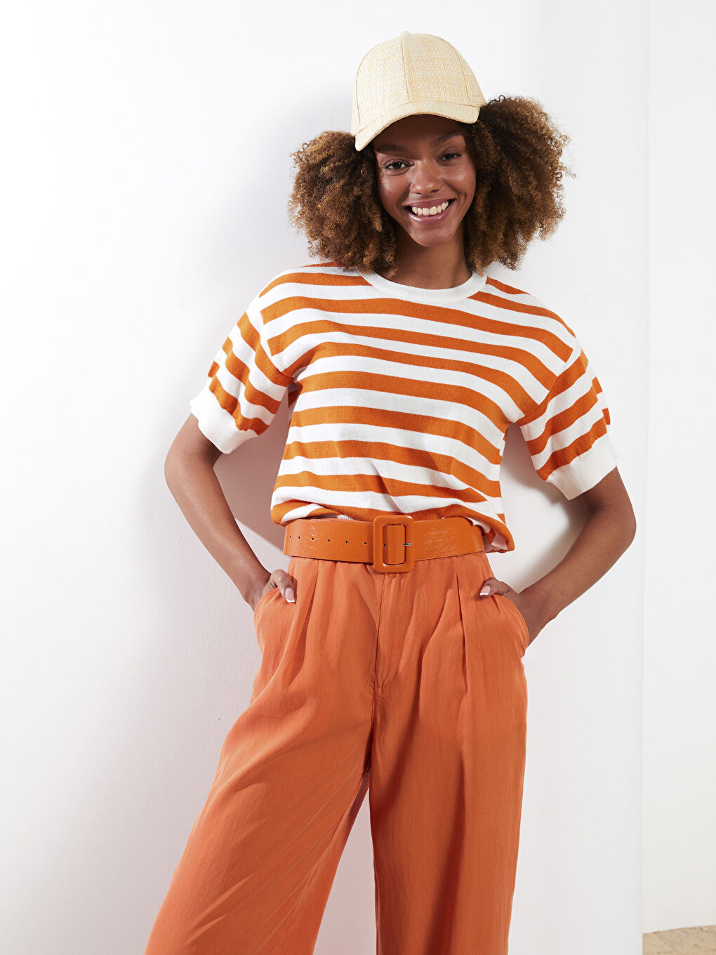 Turuncu Bisiklet Yaka Çizgili Kısa Kollu Kadın Triko Kazak